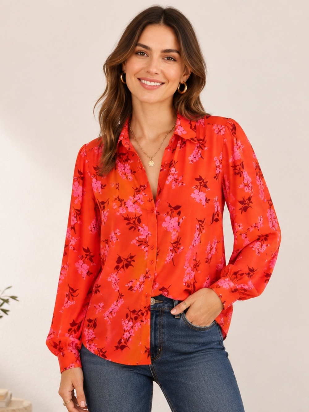 Ann Taylor Red Floral Button-Down Blouse with Pink Accents L